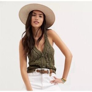 Anthropologie XS Vest Women's Cable Knit Sweater Button Up Olive Green